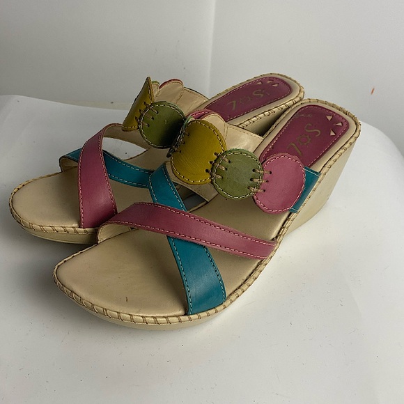 90’s Multi Coloured Slip On Wedge Sandals  Maybe made in Brazil!! Sz 37 - Picture 2 of 7